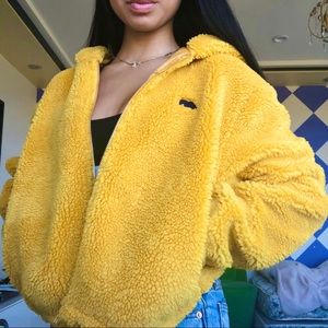 Oversized Yellow Sherpa Jacket w/ Bear Embroidery